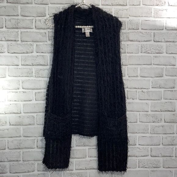 Joseph Ribkoff Eyelash Black Cardigan Vest  Open Front Pockets Size 8 - Picture 1 of 6